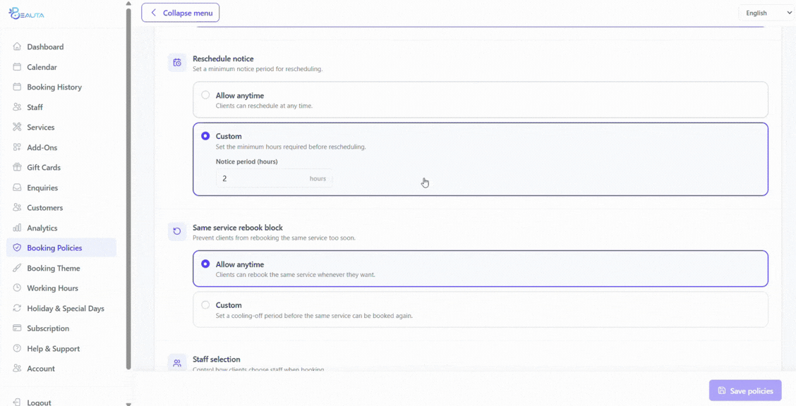 Beauta booking policy settings — payment options, staff selection, cancellation notice, and reschedule rules