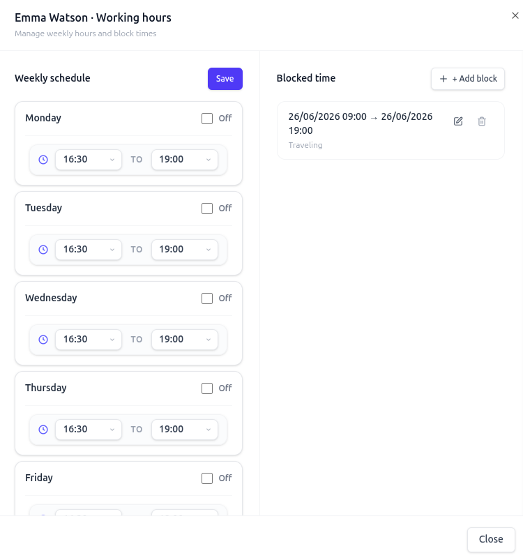 Beauta staff working hours configuration screen showing per-day schedule, breaks, and days off